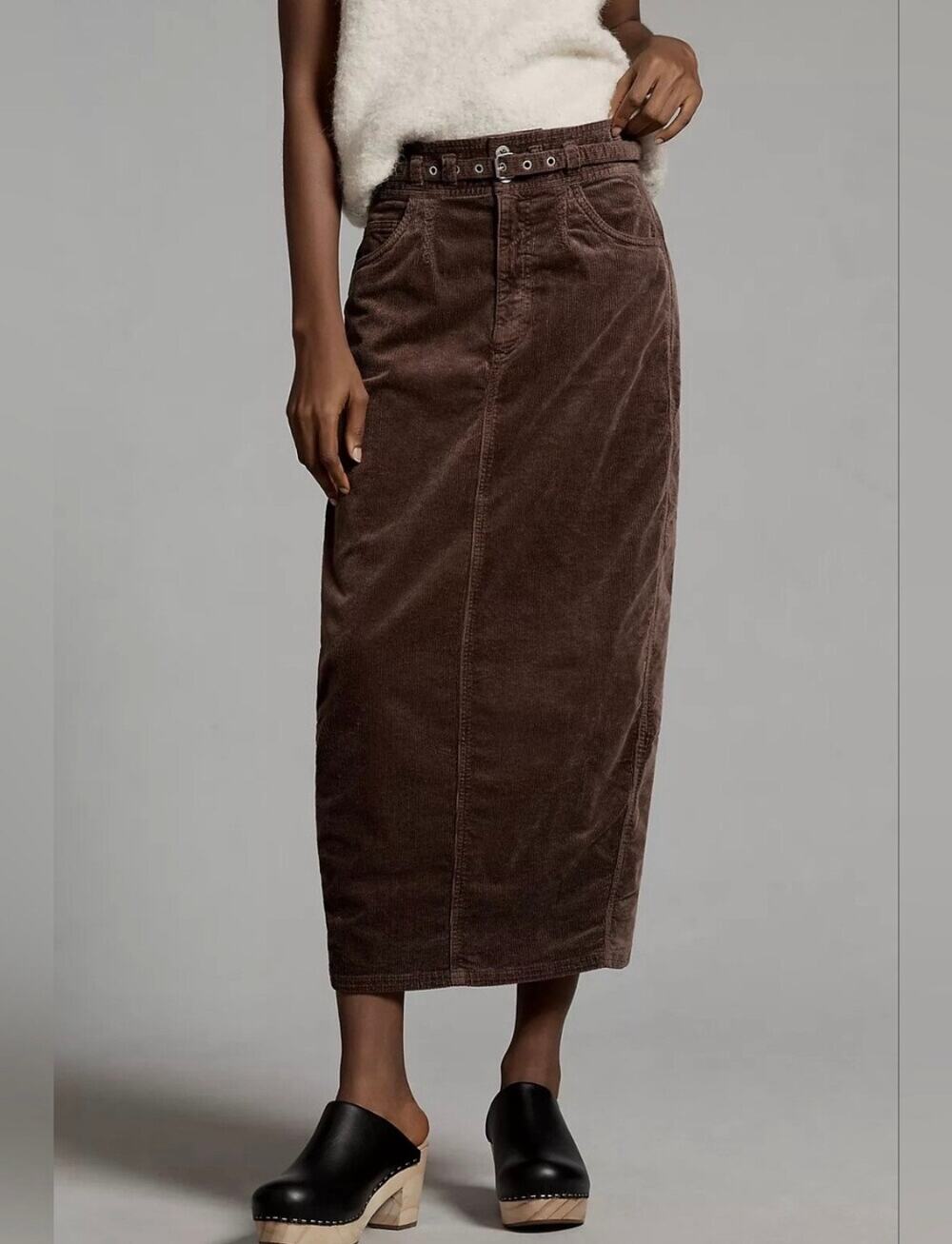 Pilcro Anthropolgie Corduroy Relaxed Barrel Midi Skirt Belted Brown